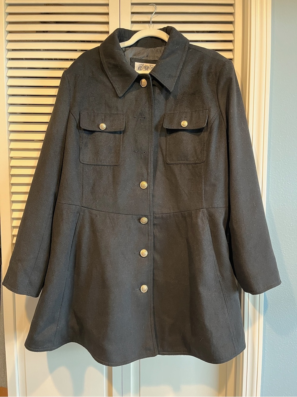 Esprit Black Wool-Blend Pea Coat with Gold Buttons